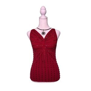 Vintage Y2K Red Beaded Knit Tank Top Cinch Bust Stretch Detailed